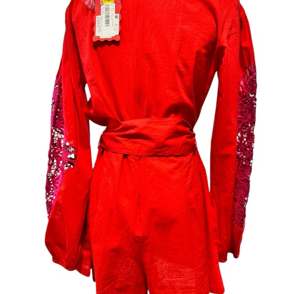 Chelsea & Violet Boho Embroidered Lace Sleeve Romper Red Pink M - Picture 5 of 11